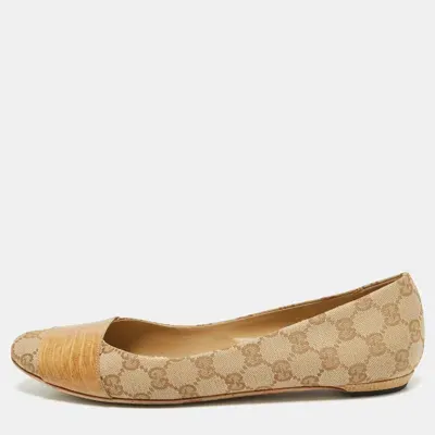 Pre-owned Gucci Beige/brown Gg Canvas And Embossed Lizard Ballet Flats Size 41