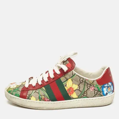 Pre-owned Gucci Beige/brown Gg Supreme Canvas Floral Print Ace Sneakers Size 35.5