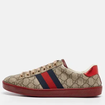 Pre-owned Gucci Beige/brown Gg Supreme Canvas Web Ace Sneakers Size 41.5