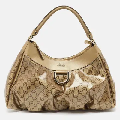 Pre-owned Gucci Beige/gold Gg Crystal Canvas Large D Ring Hobo