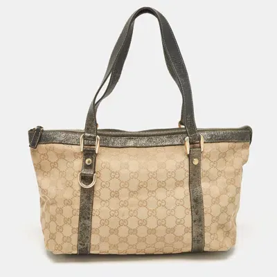 Pre-owned Gucci Beige/metallic Gg Canvas And Leather Abbey D-ring Tote