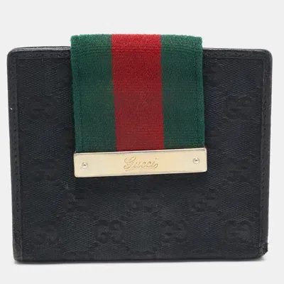 Pre-owned Gucci Black Gg Canvas And Leather Web Flap French Wallet