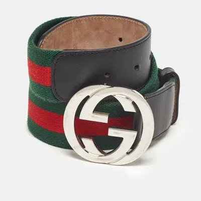 Pre-owned Gucci Black Leather And Web Canvas Interlocking G Buckle Belt 100 Cm