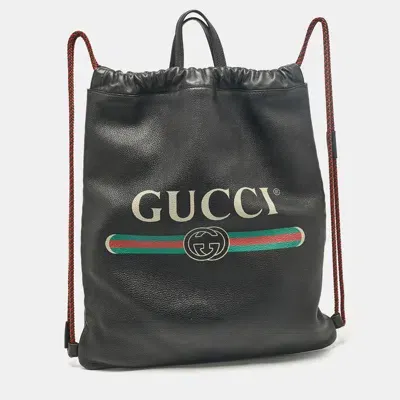 Pre-owned Gucci Black Leather Logo Drawstring Backpack