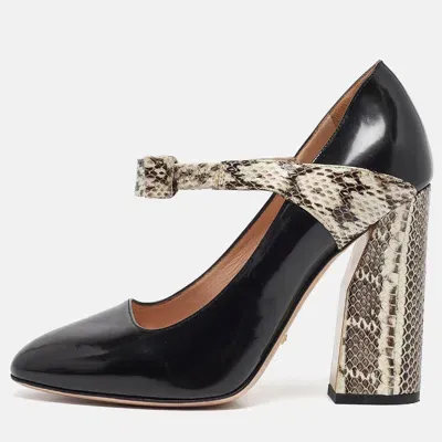 Pre-owned Gucci Black Leather Water Snakeskin And Leather Nimue Block Heel Pumps Size 38.5