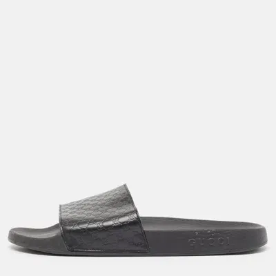 Pre-owned Gucci Black Microssima Leather Flat Slides Size 43