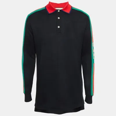 Pre-owned Gucci Black Side Stripe Cotton Pique Long Sleeve Polo T-shirt M