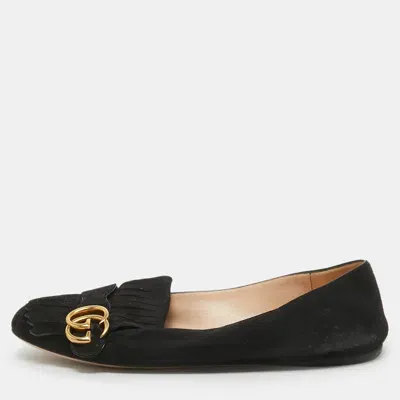 Pre-owned Gucci Black Suede Gg Marmont Fringe Ballet Flats Size 40