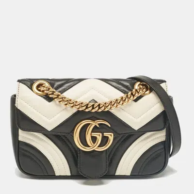 Pre-owned Gucci Black/white Matelassé Leather Mini Gg Marmont Shoulder Bag