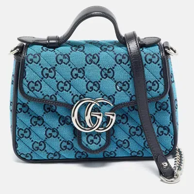 Pre-owned Gucci Blue Canvas Gg Diagonal Quilt Canvas And Leather Mini Gg Marmont Top Handle Bag