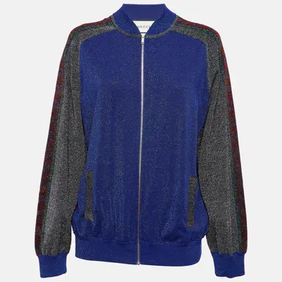 Pre-owned Gucci Blue Gg Intarsia Lame Knit Zip Front Jacket L