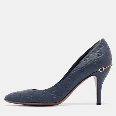 Pre-owned Gucci Blue Leather Gg Round Toe Pumps Size 40