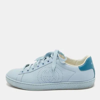 Pre-owned Gucci Blue Leather Perforated Interlocking G Ace Sneakers Size 35.5