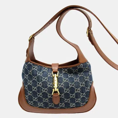 Pre-owned Gucci Blue/brown New Denim Gg Monogram Calfskin Small Jackie 1961 Shoulder Bag