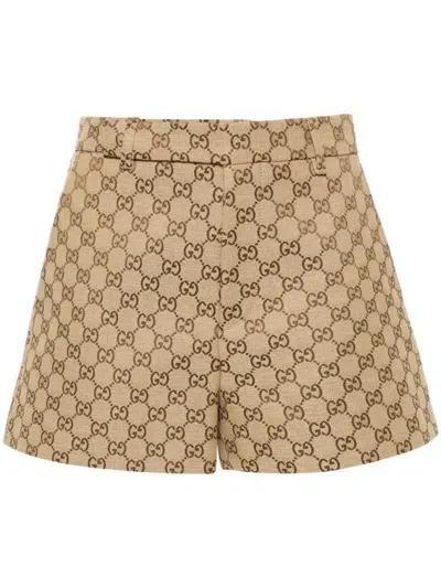 Gucci Brown Gg-canvas High-rise Shorts In Cream