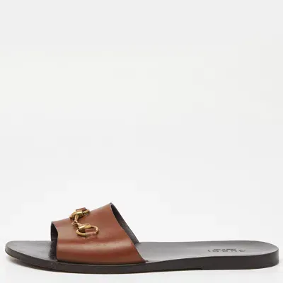 Pre-owned Gucci Brown Leather Horsebit Slides Size 43.5