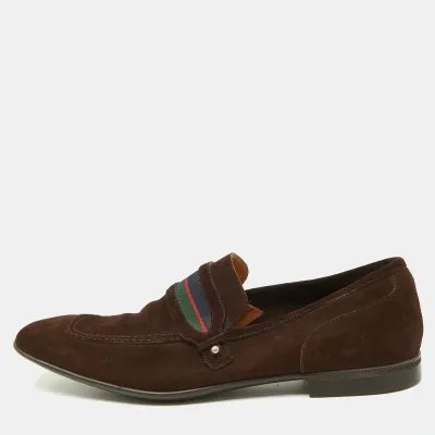 Pre-owned Gucci Brown Suede Web Slip On Loafers Size 41