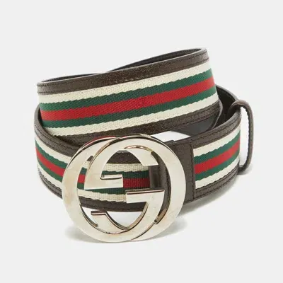 Pre-owned Gucci Brown Web Canvas And Leather Interlocking G Buckle Belt 95cm