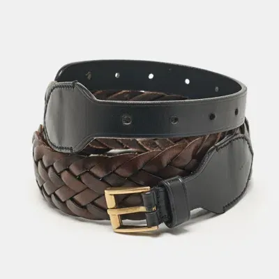 Pre-owned Gucci Brown/black Braided Leather Buckle Belt 85 Cm