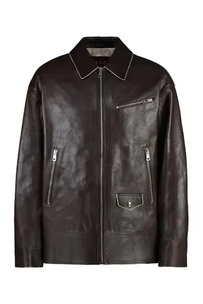 Gucci Calf Leather Jacket In Brown