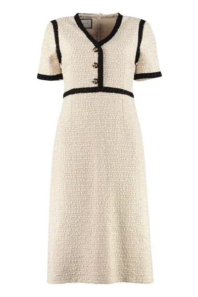 Gucci Contrast Trim Tweed Midi Dress In White