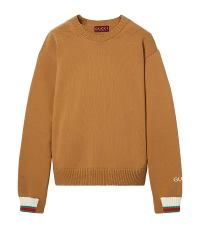 Gucci Web Detail Cotton Crewneck Sweater In Camel,white