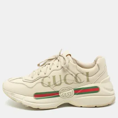 Pre-owned Gucci Cream Leather Rhyton Logo Low Top Sneakers Size 38