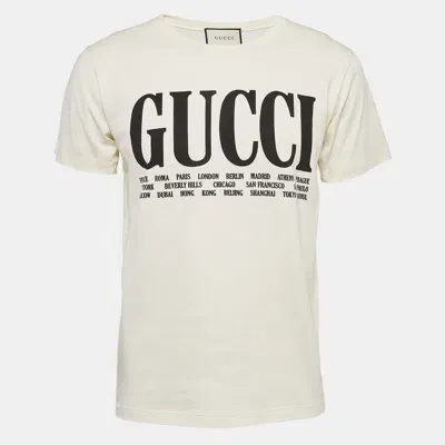 Pre-owned Gucci Cream Logo Cities Print Jersey Crew Neck T-shirt Xxs