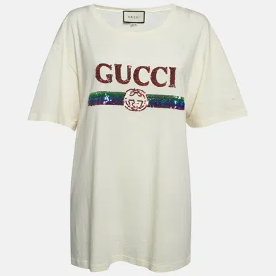 Pre-owned Gucci Cream Sequin Logo Cotton Crew Neck T-shirt L