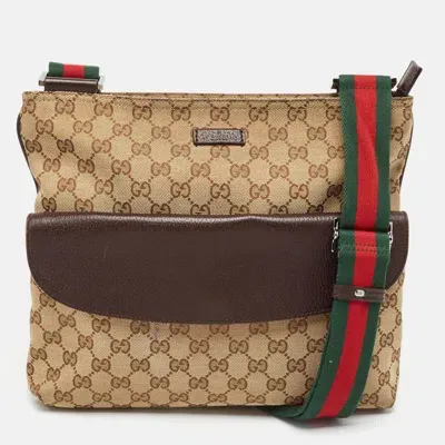 Pre-owned Gucci Dark Brown/beige Gg Canvas And Leather Messenger Bag