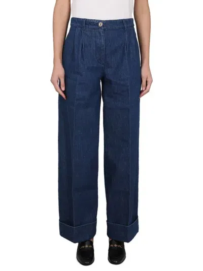 Gucci Logo Patch Wide Leg Jeans In Blue