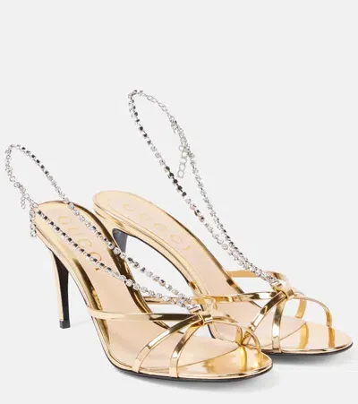 Gucci Embellished Metallic Leather Sandals In Gold