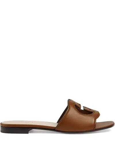 Gucci Cut Leather Flat Sandals In Brown