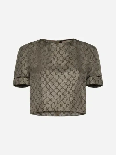 Gucci Gg Supreme Print Silk Top In Camel,ebony