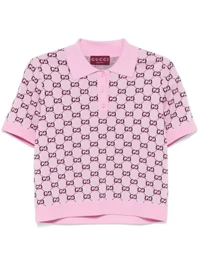 Gucci Gg Shadow-jacquard Wool Polo Top In Pink