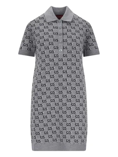 Gucci Gg Wool Dress With Ribbed Profiles In Gray