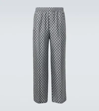 Gucci Gg Silk Twill Wide-leg Pants In Blue