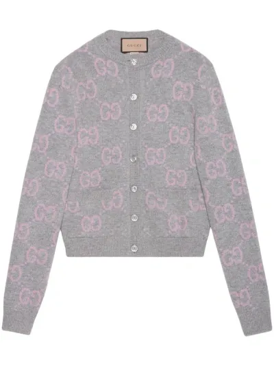 Gucci Gg-intarsia Wool Cardigan In Gray