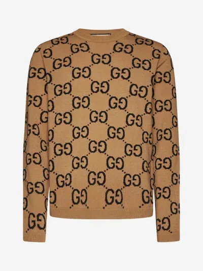 Gucci Gg Wool Jacquard Sweater In Brown