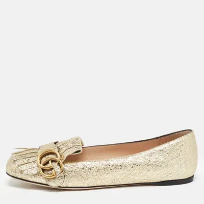 Pre-owned Gucci Gold Crinkled Foil Leather Gg Marmont Fringe Detail Ballet Flats Size 37.5