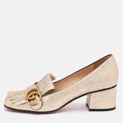 Pre-owned Gucci Gold Crinkled Leather Gg Marmont Block Heel Pumps Size 36.5