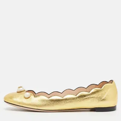 Pre-owned Gucci Gold Leather Willow Scalloped Ballet Flats Size 37