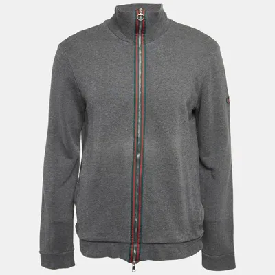 Pre-owned Gucci Grey Web Trim Cotton Knit Zip Front Hoodie Xl