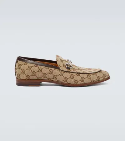 Gucci Horsebit Gg Canvas Leather-trimmed Loafers In Beige Ebony Cocoa