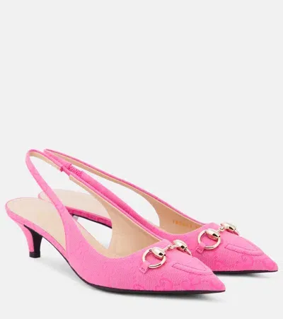 Gucci 45mm Horsebit Canvas Slingback Pumps In Pink