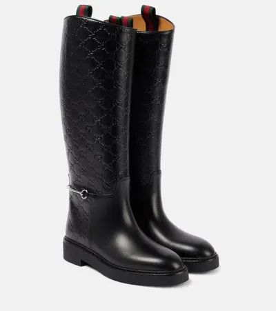 Gucci Horsebit Gg Embossed Leather Knee-high Boots In Black