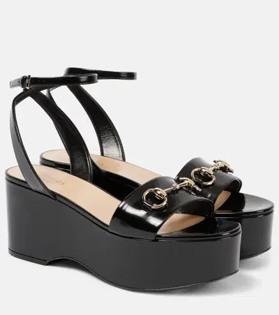 Gucci Horsebit Leather Platform Sandals In Black