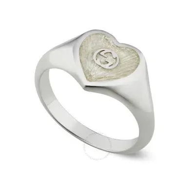 Gucci Interlocking G White Enamel Heart Sterling Silver Ring In Metallic