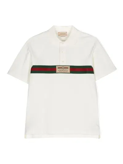 Gucci Kids' Logo-patch Striped Stretch-cotton Polo Shirt 4-12 Years In Ivory/mix