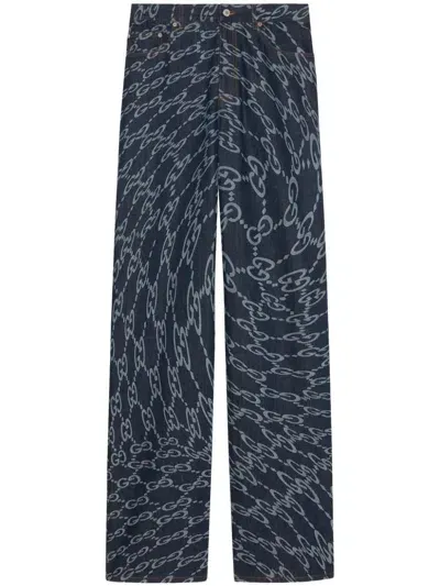 Gucci Wavy Gg-print Loose-fit Jeans In Blue